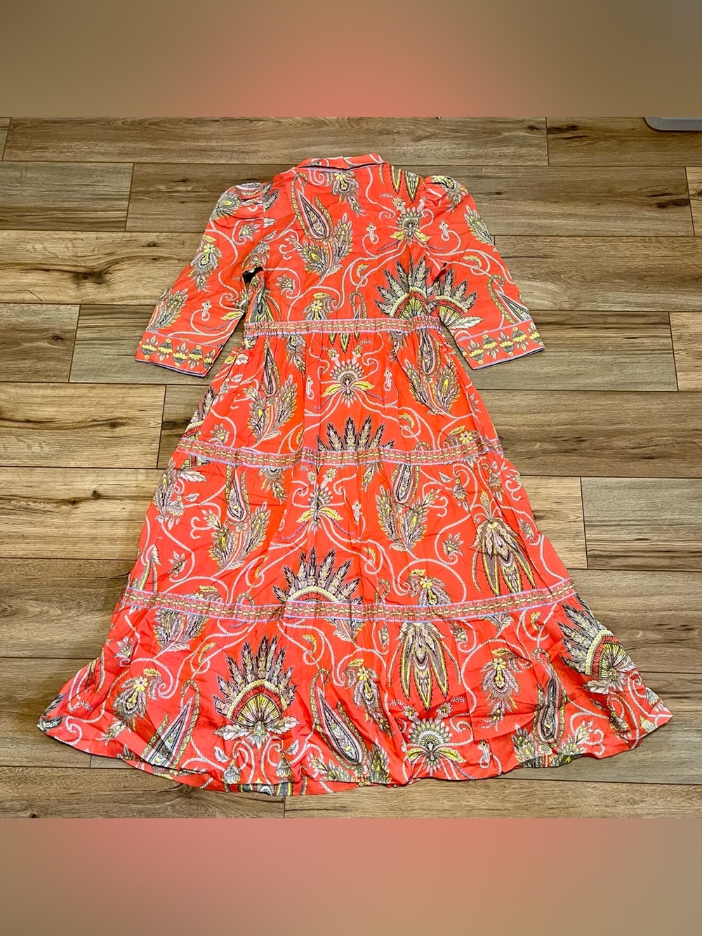 Gretchen Scott Damsel Plume Midi Maxi Dress Women’s Medium Boho Tiered Coral - Picture 11 of 11